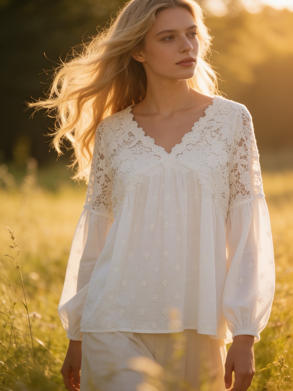 Free People Lina Lace White Long SleeveV-Neck Boho Peasant Blouse in size Small